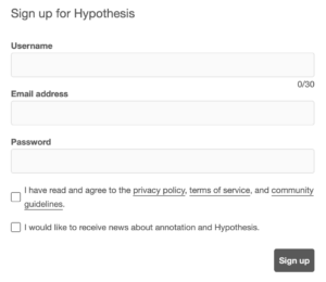 Sign up page using the email address option